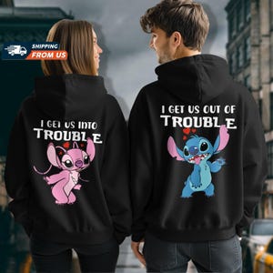 Stitch And Angel Couple Hoodie, Anniversary Hoodie, Jack Sally Couple Matching, His And Her Hoodies, Valentines Day Gift
