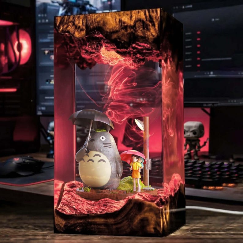 PHH231025BP13-V2] My Neighbor Resin Lamp, Ghibli LED Tower Night Light, Forest Tree Diorama with Blue Glow, Cute Anime Room Decor Gift
