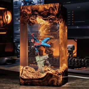 Resin Spider Man Lamp, LED Night Light, Superhero Figurine, Custom Handcrafted Decor, Blue Light Effect, Unique Gift for Marvel Fans