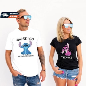 Stitch and Angel Couple Hoodies, Valentine Cartoon Couple Shirt, Disney Double Trouble Shirts, Where I Go Trouble Follows Sweatshirt