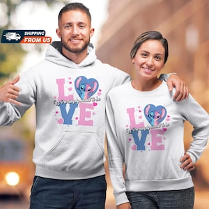 Stitch And Angel Couple Hoodies, Disney Valentines Day Shirt, Engagement Shirt, Wife and Husband Sweatshirt, Funny Couples Shirts