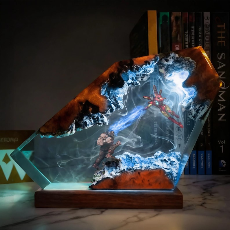 Iron Man Resin Lamp, Super Hero Resin Lamp, Custom Wood Lamp, Night Light Lamp, Custom Figure Resin, Gaming Room Decor, Gift For Him