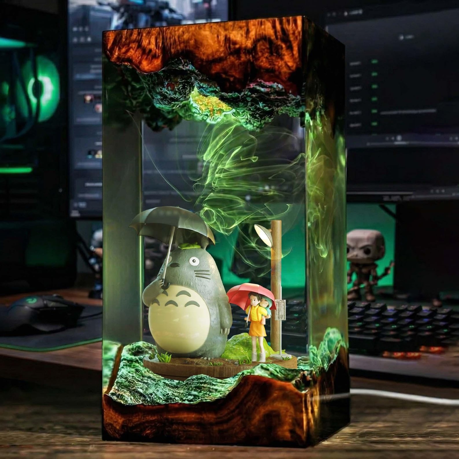 My Neighbor Resin Lamp, Ghibli LED Tower Night Light, Forest Tree Diorama with Blue Glow, Cute Anime Room Decor Gift