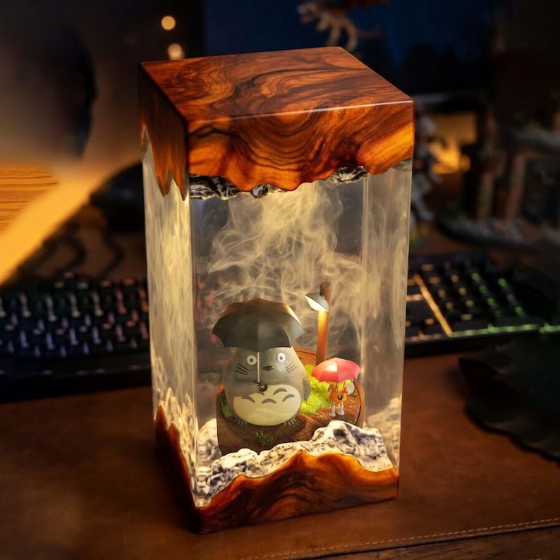 PHH231025BP13-V2] My Neighbor Resin Lamp, Ghibli LED Tower Night Light, Forest Tree Diorama with Blue Glow, Cute Anime Room Decor Gift