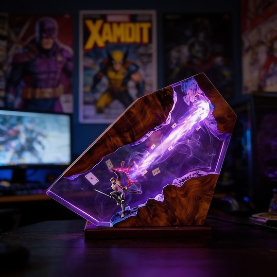 A hand-poured resin diorama lamp featuring Gambit from X-Men — this is a fully sculpted, glowing scene, not a sticker or print.