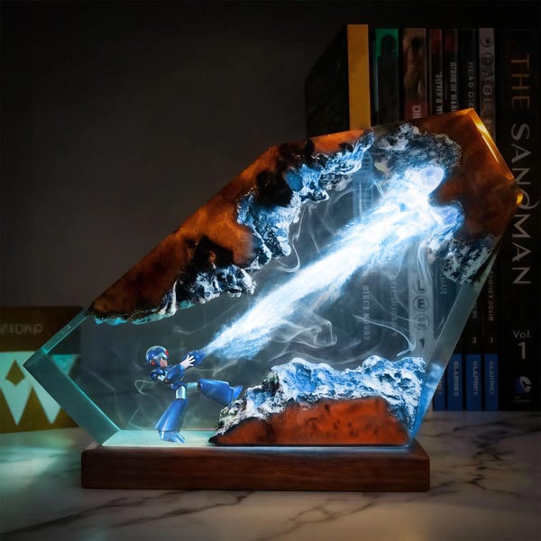Megaman Resin Lamp, Rockman Epoxy Diorama Lamp, Robot Lamp, Gaming Room Decor, Desk Decor, Gaming Decor