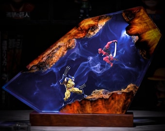 Deadpool Wolverine Resin Lamp, Superhero Epoxy Night Light, Handmade Diorama Desk Decor, Comic Fan Gift, Battle Scene LED Lamp