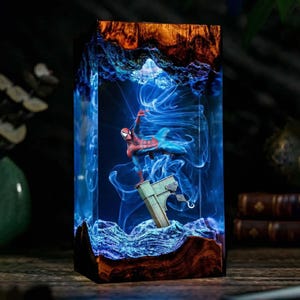 Resin Spider Man Lamp, LED Night Light, Superhero Figurine, Custom Handcrafted Decor, Blue Light Effect, Unique Gift for Marvel Fans