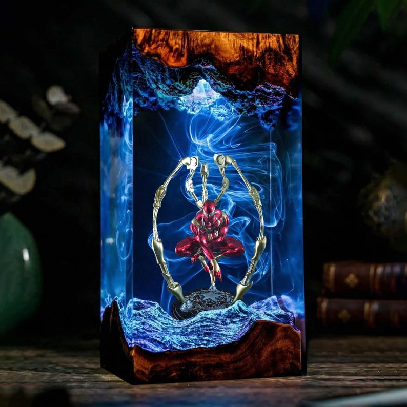 Resin 3D Spider Man 2099 Lamp, LED Night Light, Superhero Figurine, Custom Handcrafted Decor, Blue Light Effect