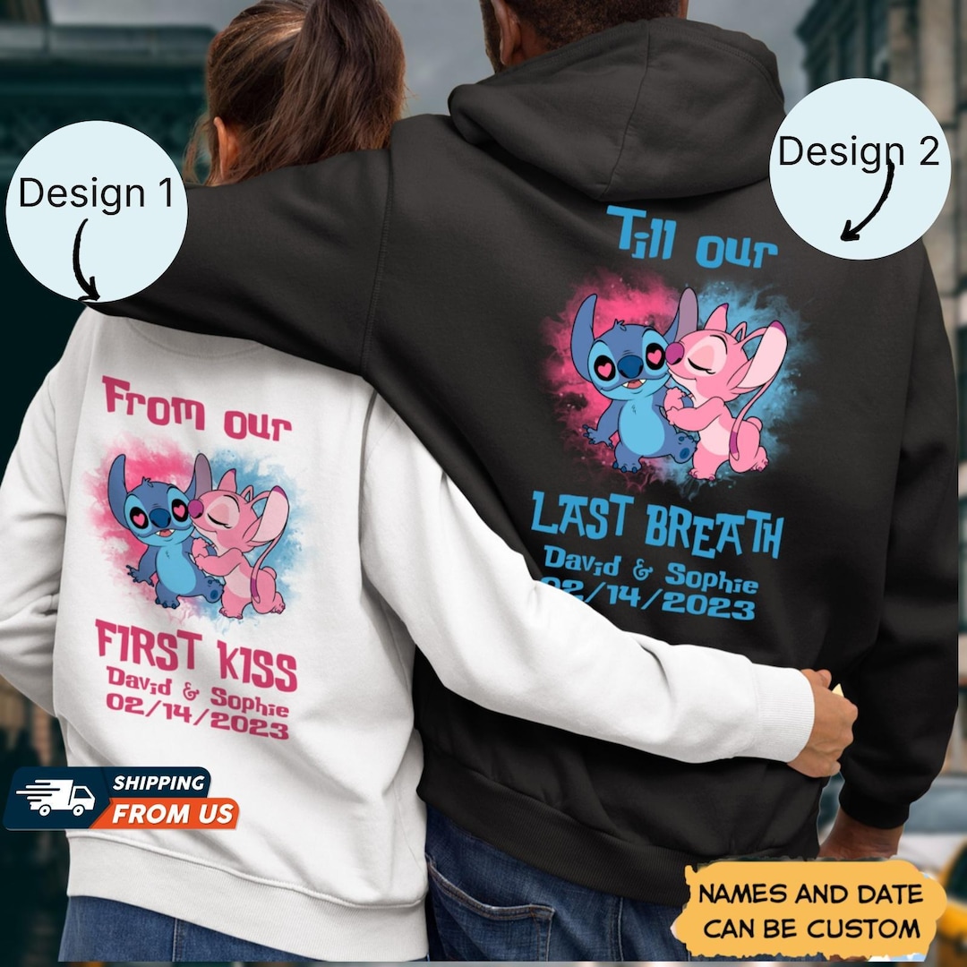 Stitch and Angel Couple Hoodies, From Our First Kiss Till Our Last Breath,  Valentines Matching Sweatshirt, Personalized Stitch Hoodie
