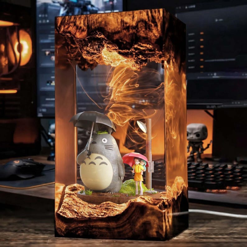 PHH231025BP13-V2] My Neighbor Resin Lamp, Ghibli LED Tower Night Light, Forest Tree Diorama with Blue Glow, Cute Anime Room Decor Gift