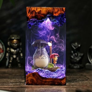 PHH231025BP13-V2] My Neighbor Resin Lamp, Ghibli LED Tower Night Light, Forest Tree Diorama with Blue Glow, Cute Anime Room Decor Gift
