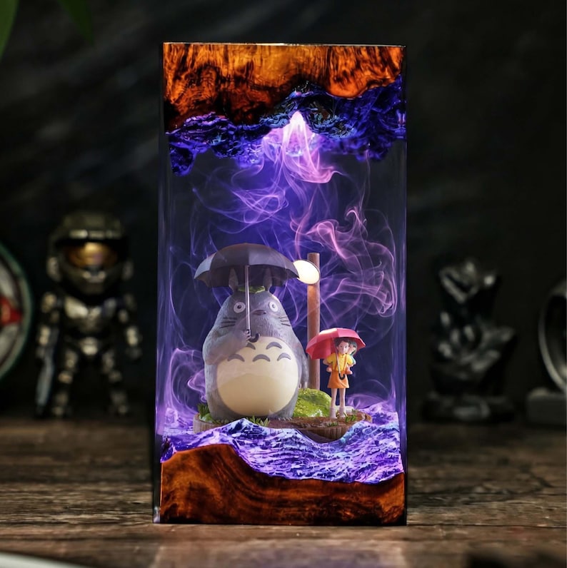 PHH231025BP13-V2] My Neighbor Resin Lamp, Ghibli LED Tower Night Light, Forest Tree Diorama with Blue Glow, Cute Anime Room Decor Gift