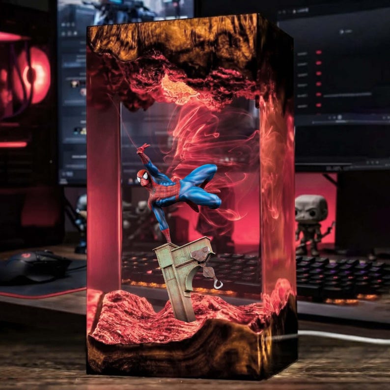 Resin Spider Man Lamp, LED Night Light, Superhero Figurine, Custom Handcrafted Decor, Blue Light Effect, Unique Gift for Marvel Fans