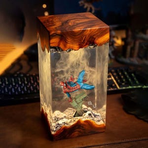 Resin Spider Man Lamp, LED Night Light, Superhero Figurine, Custom Handcrafted Decor, Blue Light Effect, Unique Gift for Marvel Fans