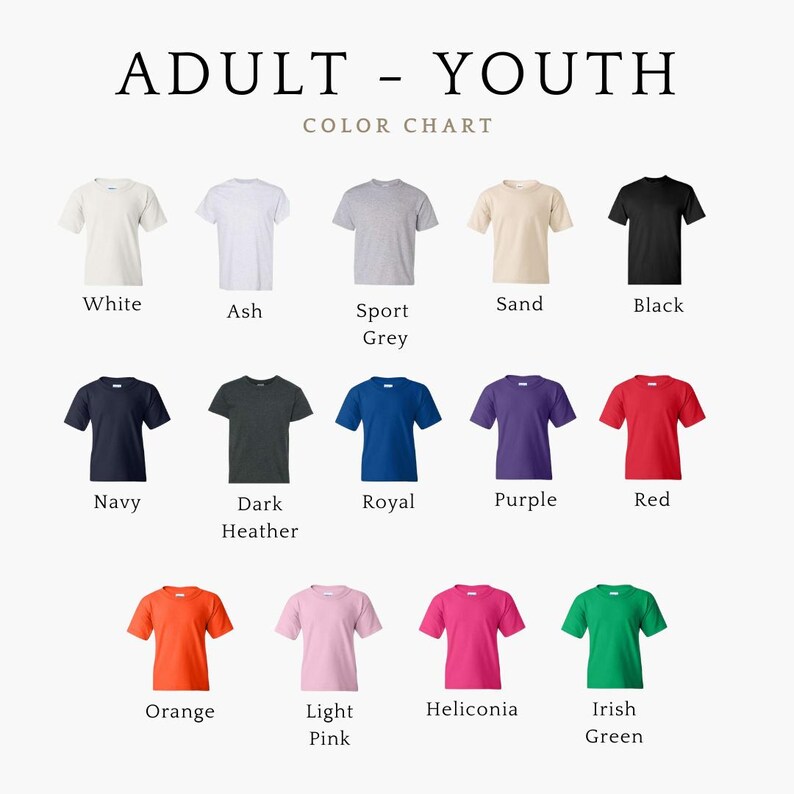 Puede incluir: Carta de colores que muestra 14 colores de camiseta diferentes para adultos y j&oacute;venes. Los colores son: Blanco, Ceniza, Gris deportivo, Arena, Negro, Azul marino, Gris oscuro jaspeado, Azul real, Morado, Rojo, Naranja, Rosa claro, Heliconia y Verde irland&eacute;s.