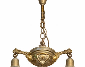 Antique 1920s 2 Light Hanging Ceiling Fixture Ornate Gold Chandelier Art Deco