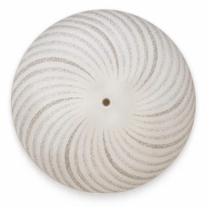 May include: A circular, white glass light fixture shade featuring a pattern of swirling, stippled light brown lines radiating from a central circular opening. The design creates a spiral effect across the surface of the dome-shaped glass.