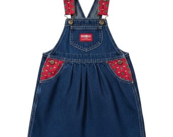 OshKosh B'gosh Denim Jumper Dress Girls 5 Blue Red Vintage Vestbak Made in USA