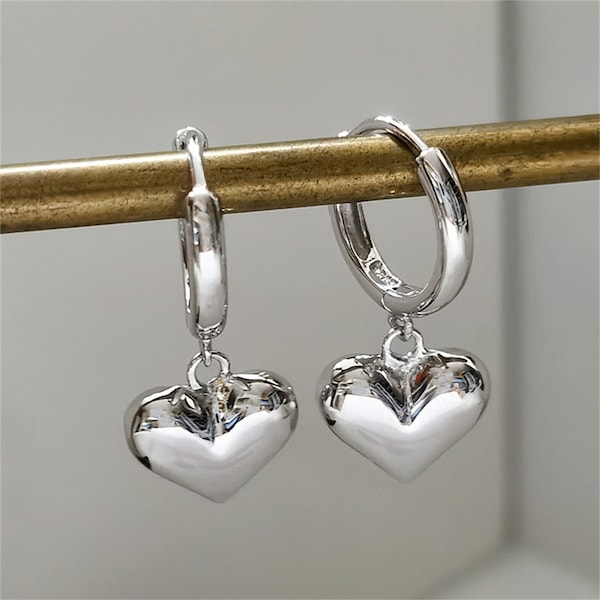 925 Sterling Silver Heart Doop Earring,Chunky Heart Drop Earrings,Gold/Sliver Hoop Earrings with Heart Pendant,Love Earrings,Gift for Her