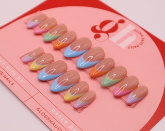 Unghie finte French Tip Arcobaleno, Unghie con punta colorata, Unghie per le vacanze estive, Set personalizzabile in forma e lunghezza