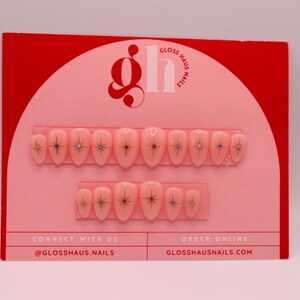 Starburst Nails | Star Nails | Press on Nails | Almond Nails | Trendy Nails | Twinkle Nails | Gold Design Nails | Gloss Haus Nails