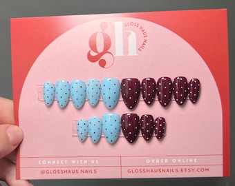 Burgundy Blue Polka Dot Press On Nails, Custom Shape & Length, Reusable Set