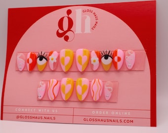 Orange and Pink Retro Press On Nails, Groovy Checker Design, Colorful Summer Nails, Custom Shape & Length, Reusable