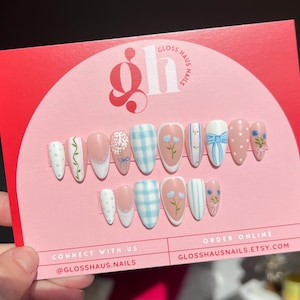 Gingham Nails | Press on Nails | Almond Nails | blue and white nails | customize Nails | Summer Nails | vacation Nails | Gloss Haus Nails |