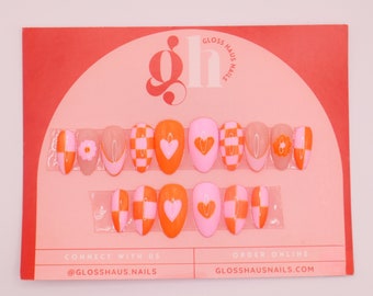 Orange and Pink Checker Press On Nails, Retro Groovy Design, Custom Shape & Length, Reusable
