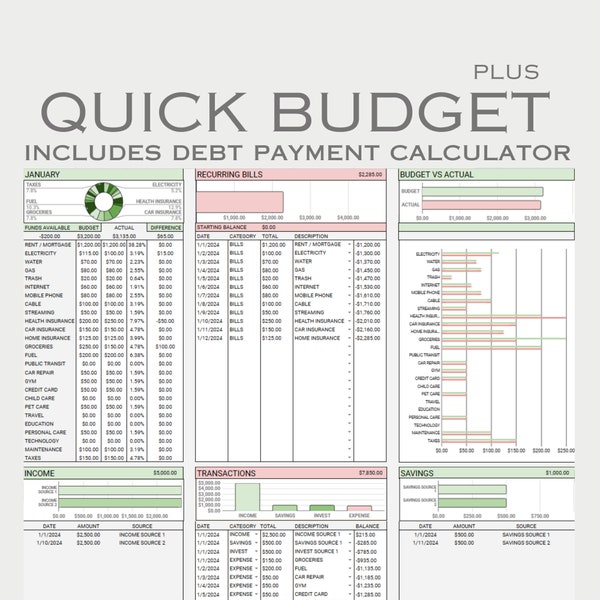 QUICK BUDGET PLUS (Pink/Green) Spreadsheet