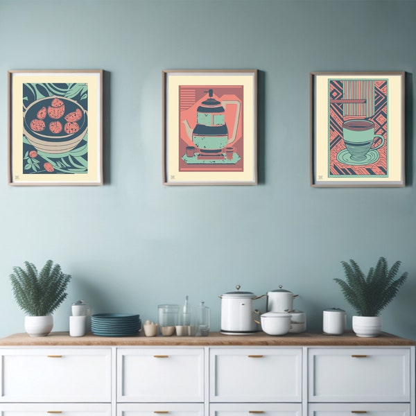 Boho, abstract, eclectic, modern, southwestern bowl, mug, and teapot digital download printable wall art. Set of 3.