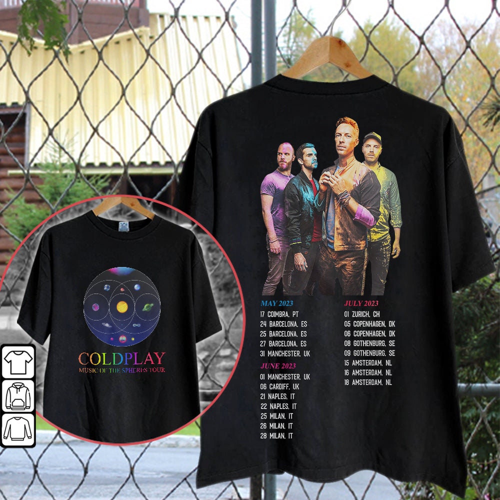Discover Coldplay Music Of The Spheres TOUR DATES 2023 World Tour Zweiseitiges T-Shirt