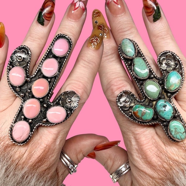 Tibetan Silver Turquoise or Conch Shell Cactus Statement Ring | Boho Southwest Jewelry | Handmade Artisan Gift