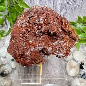 May include: A large, brown, irregularly shaped rock with white crystals embedded in it. The rock is displayed on a clear acrylic stand with gold metal supports.