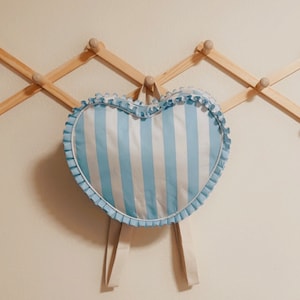 Heart Shaped Ruffled Mini Girl Backpack Blue/White Stripped Gift Pretty Cute School Book Bag