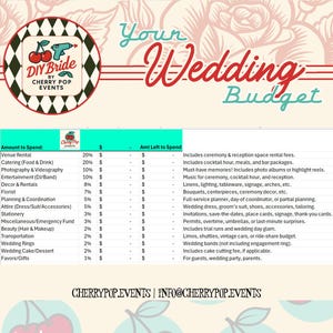 May include: A wedding budget planner with a cherry and teal logo reading "DIY Bride by Cherry Pop Events." The document lists budget categories like venue rental, catering, photography, and entertainment, with corresponding percentages and notes.