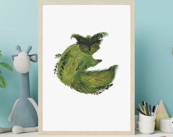 Pipkin Fox A4 Moss Creature Wall Print. Forest Inspired Eco Friendly home decor of gift for him and her.