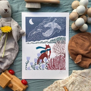 Fox in Snow A4 Art Print, Whimsical Folk Art Decor