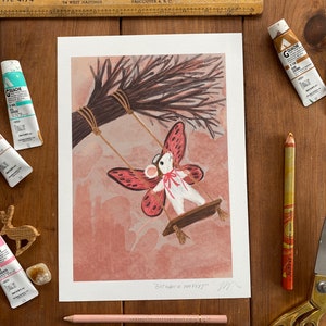 May include: A watercolor illustration of a white mouse with pink wings, sitting on a swing made of branches. The mouse is wearing a red ribbon around its neck. The background is a soft pink with a light brown tree branch. The text "But what if you fly?" is written in black at the bottom of the image.