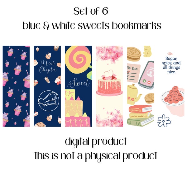 Set of 6 Blue and White Dessert Bookmarks, Digital Bookmarks for Download, Dessert Bookmarks, Cake Bookmarks