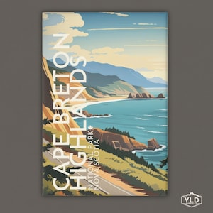 May include: A vintage-style illustration of Cape Breton Highlands National Park in Nova Scotia. The image features a scenic coastal road winding through a lush green landscape with a blue ocean in the background. The text "Cape Breton Highlands National Park Nova Scotia" is displayed in white on a light blue background.
