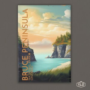 May include: A scenic illustration of Bruce Peninsula National Park in Ontario, Canada. The image features a rocky coastline with a turquoise blue body of water and a sandy beach. The text "Bruce Peninsula National Park Ontario Canada" is written vertically on the left side of the image.