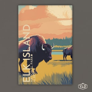 May include: A vintage-style illustration of Elk Island National Park in Alberta, Canada. The image features a bison in the foreground with a sunset sky and mountains in the background. The text "Elk Island National Park, Alberta" is written vertically on the left side of the image.