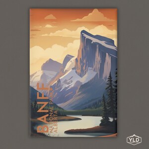 May include: A vintage-style illustration of a mountain range with a lake in the foreground. The sky is a vibrant orange and yellow, with clouds. The text "BANFF NATIONAL PARK ALBERTA" is written vertically on the left side of the image.