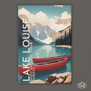 May include: A vintage-style illustration of Lake Louise in Banff National Park, Alberta, Canada. The image features a turquoise lake surrounded by snow-capped mountains and lush green trees. Two red canoes are docked on the lake.