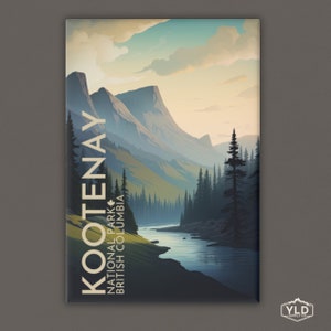 May include: A vintage-style illustration of Kootenay National Park in British Columbia, Canada. The image features a mountain range with a river flowing through the valley. The text "KOOTENAY NATIONAL PARK BRITISH COLUMBIA" is written vertically on the left side of the image.