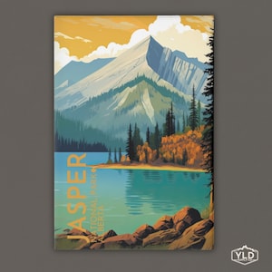 Puede incluir: Una ilustración de estilo vintage de una cordillera con un lago en primer plano. El texto "JASPER NATIONAL PARK ALBERTA" está escrito verticalmente en el lado izquierdo de la imagen.