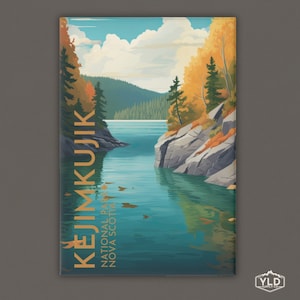 May include: A vintage-style illustration of Kejimkujik National Park in Nova Scotia. The image features a lake surrounded by trees and rocks, with a blue sky and white clouds in the background. The text "KEJIMKUJIK NATIONAL PARK NOVA SCOTIA" is written in gold lettering on the left side of the image.