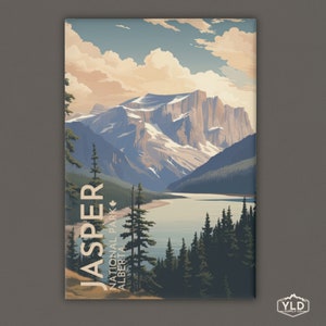 May include: A vintage-style illustration of a mountain range and lake in Jasper National Park, Alberta, Canada. The image features a blue lake surrounded by green trees and snow-capped mountains. The text "JASPER NATIONAL PARK ALBERTA CANADA" is written vertically on the left side of the image.